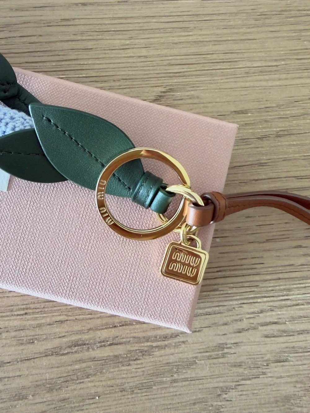Miu Miu Brown Leather Strap Key & Floral Charm with Green Leaves